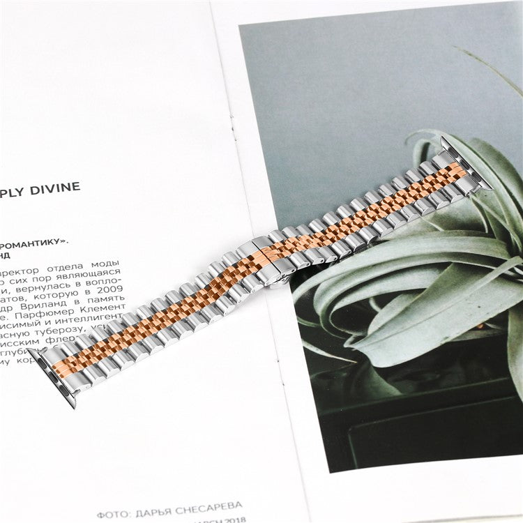 Metal Watch Band for Apple Watch Series 10 9 8 7 SE 6 5 4 3 2 1 42mm 41mm 40mm 38mm Replacement Strap with Butterfly Clasp - Rose Gold / Silver