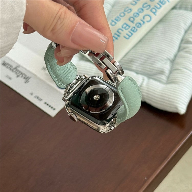 Watch Band For Apple Watch Series 10 9 8 7 SE 6 5 4 3 2 1 42mm 41mm 40mm 38mm D-Shaped Buckle Litchi Texture Leather Strap - Mint Green / Silver