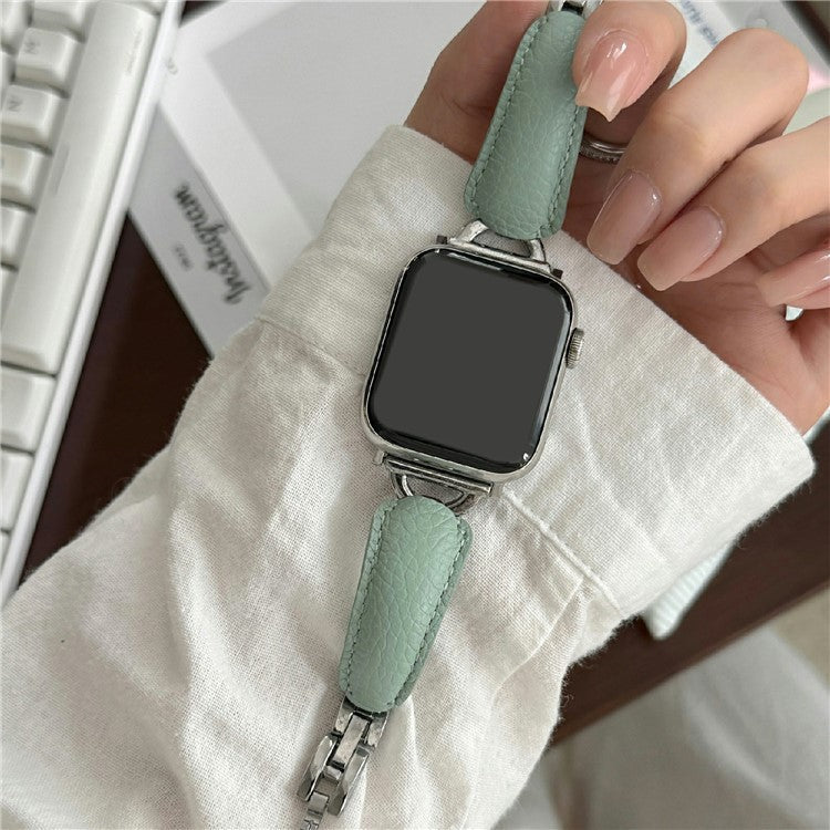 Watch Band For Apple Watch Series 10 9 8 7 SE 6 5 4 3 2 1 42mm 41mm 40mm 38mm D-Shaped Buckle Litchi Texture Leather Strap - Mint Green / Silver