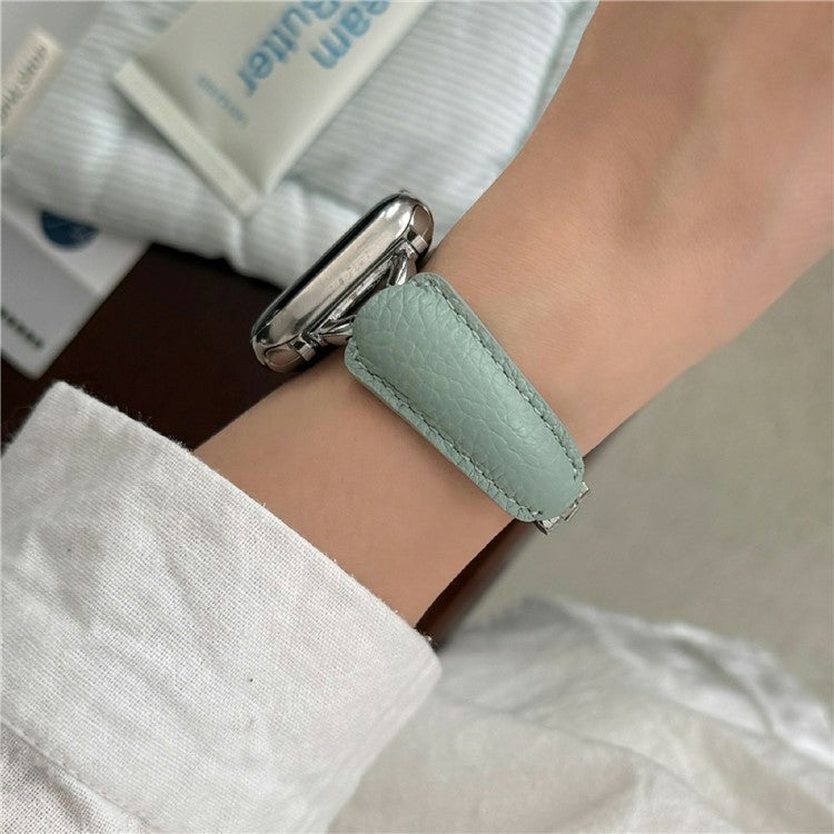 Watch Band For Apple Watch Series 10 9 8 7 SE 6 5 4 3 2 1 42mm 41mm 40mm 38mm D-Shaped Buckle Litchi Texture Leather Strap - Mint Green / Silver