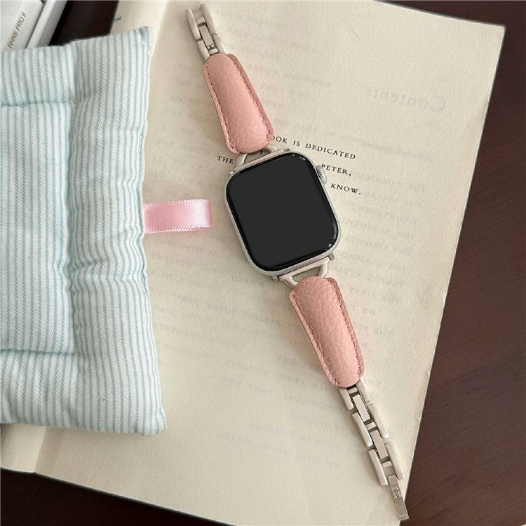 Watch Band For Apple Watch Series 10 Ultra 9 8 7 SE 6 5 4 3 2 1 46mm 49mm 45mm 44mm 42mm D-Shaped Buckle Leather Strap - Pink / Starlight