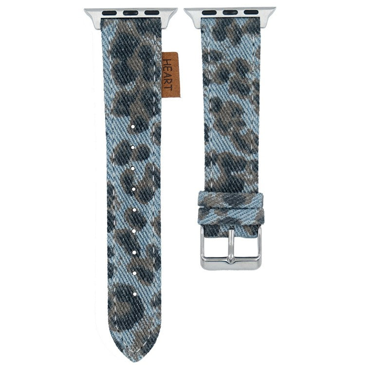 Watch Band For Apple Watch Series 10 Ultra 9 8 7 SE 6 5 4 3 2 1 46mm 49mm 45mm 44mm 42mm Denim Genuine Leather Strap - Distressed Leopard