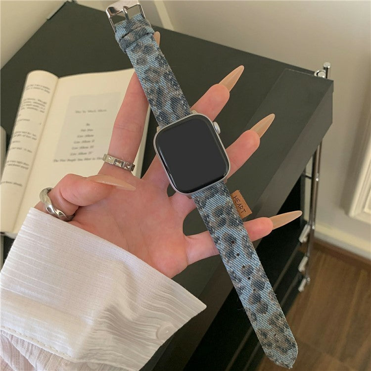 Watch Band For Apple Watch Series 10 Ultra 9 8 7 SE 6 5 4 3 2 1 46mm 49mm 45mm 44mm 42mm Denim Genuine Leather Strap - Distressed Leopard