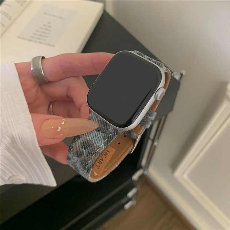 Watch Band For Apple Watch Series 10 Ultra 9 8 7 SE 6 5 4 3 2 1 46mm 49mm 45mm 44mm 42mm Denim Genuine Leather Strap - Distressed Leopard