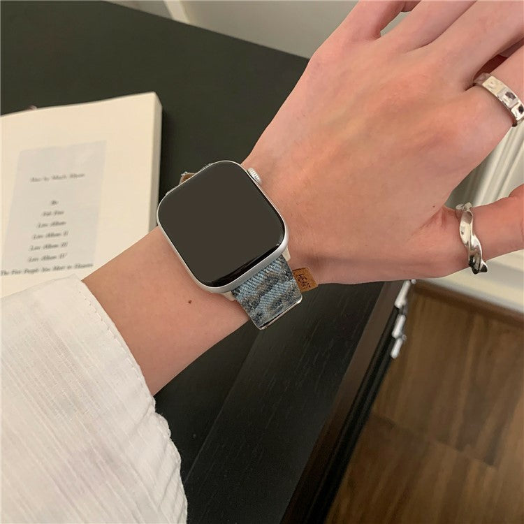 Watch Band For Apple Watch Series 10 Ultra 9 8 7 SE 6 5 4 3 2 1 46mm 49mm 45mm 44mm 42mm Denim Genuine Leather Strap - Distressed Leopard