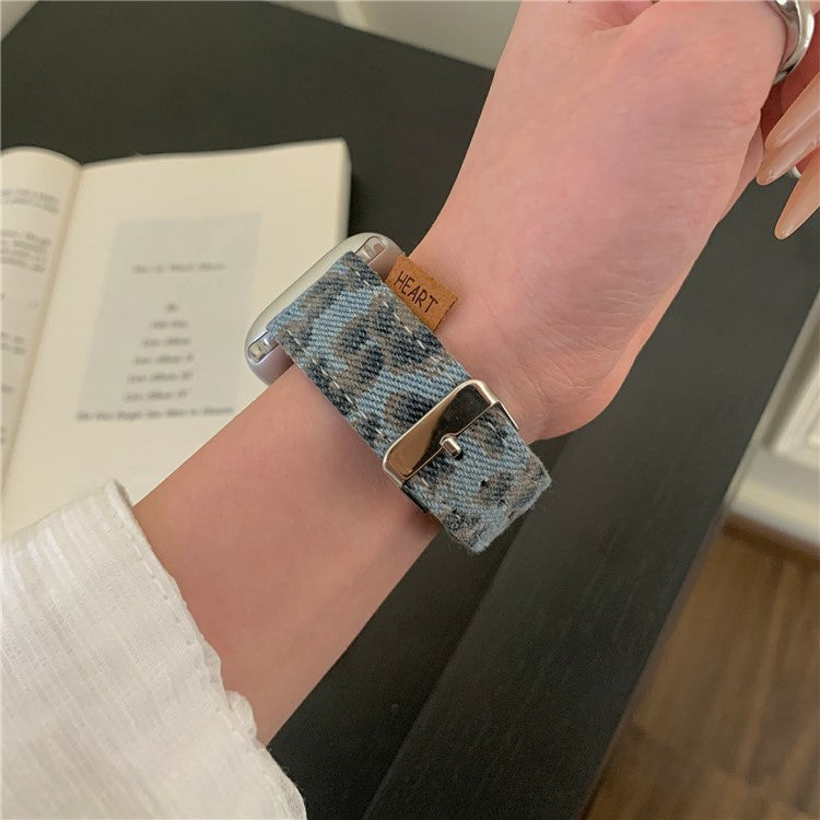 Watch Band For Apple Watch Series 10 Ultra 9 8 7 SE 6 5 4 3 2 1 46mm 49mm 45mm 44mm 42mm Denim Genuine Leather Strap - Distressed Leopard