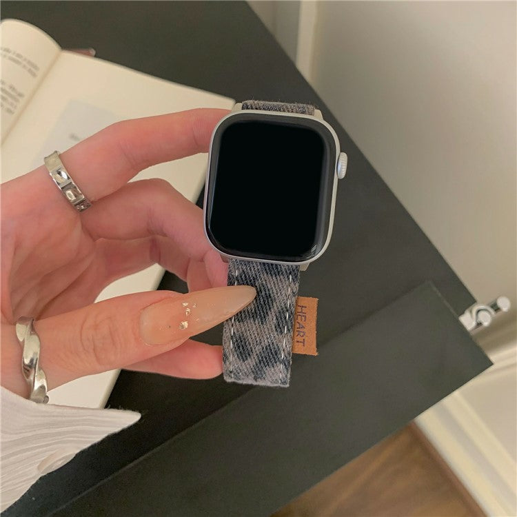 Watch Band For Apple Watch Series 10 Ultra 9 8 7 SE 6 5 4 3 2 1 46mm 49mm 45mm 44mm 42mm Denim Genuine Leather Strap - Distressed Leopard