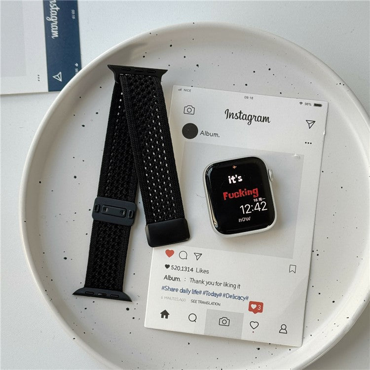 Magnetic Strap for Apple Watch Series 10 9 8 7 SE 6 5 4 3 2 1 42mm 41mm 40mm 38mm Nylon Watch Band - Black / Black