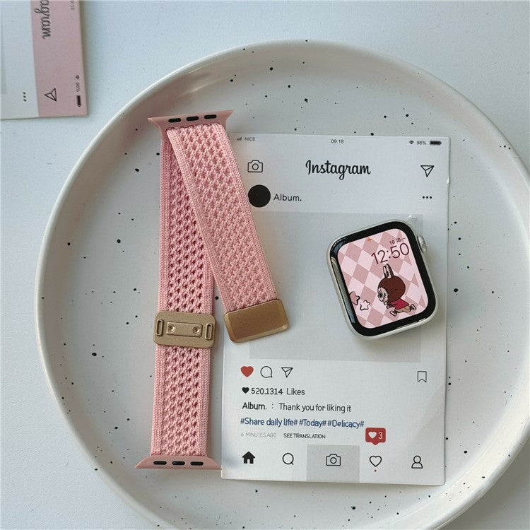 Magnetic Strap for Apple Watch Series 10 Ultra 9 8 7 SE 6 5 4 3 2 1 46mm 49mm 45mm 44mm 42mm Nylon Watch Band - Pink / Rose Gold