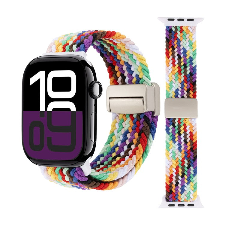 Watch Band For Apple Watch Series 10 Ultra 9 8 7 SE 6 5 4 3 2 1 46mm 49mm 45mm 44mm 42mm , Magnetic Clasp Nylon Adjustable Strap - Rainbow