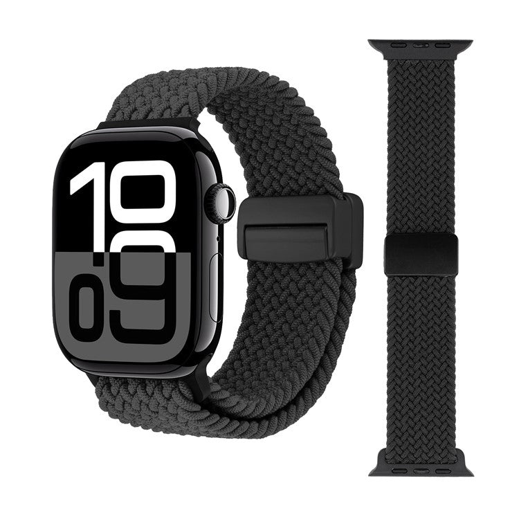 Watch Band For Apple Watch Series 10 Ultra 9 8 7 SE 6 5 4 3 2 1 46mm 49mm 45mm 44mm 42mm , Magnetic Clasp Nylon Adjustable Strap - Black