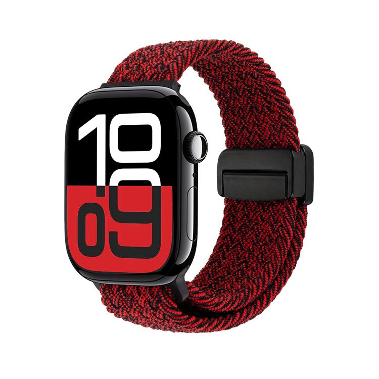 Watch Band For Apple Watch Series 10 Ultra 9 8 7 SE 6 5 4 3 2 1 46mm 49mm 45mm 44mm 42mm , Magnetic Clasp Nylon Adjustable Strap - Red + Black