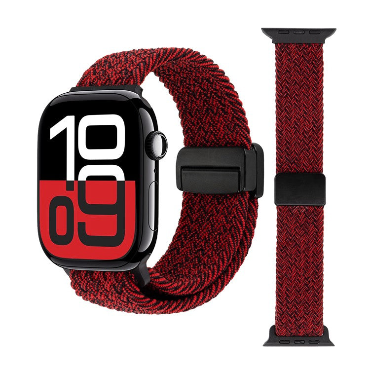 Watch Band For Apple Watch Series 10 Ultra 9 8 7 SE 6 5 4 3 2 1 46mm 49mm 45mm 44mm 42mm , Magnetic Clasp Nylon Adjustable Strap - Red + Black