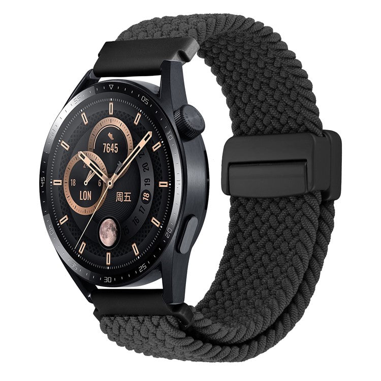 22mm Universal Wrist Strap Magnetic Buckle Nylon Braided Smart Watch Band - Black