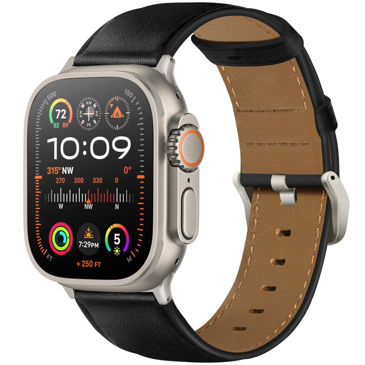 Watch Band for Apple Watch Series 10 Ultra 9 8 7 SE 6 5 4 3 2 1 46mm 49mm 45mm 44mm 42mm Genuine Cow Leather Strap - Black / Titanium Buckle