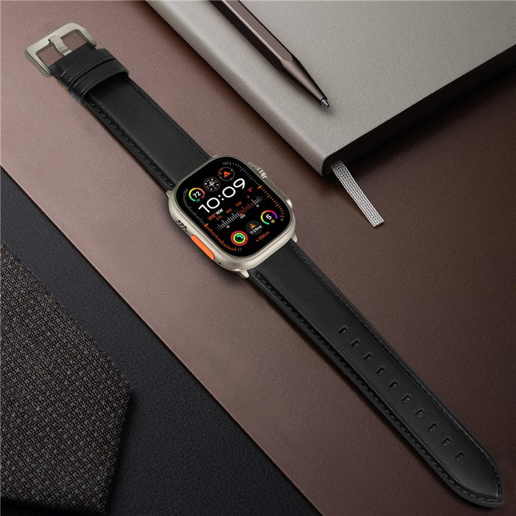 Watch Band for Apple Watch Series 10 Ultra 9 8 7 SE 6 5 4 3 2 1 46mm 49mm 45mm 44mm 42mm Genuine Cow Leather Strap - Black / Titanium Buckle