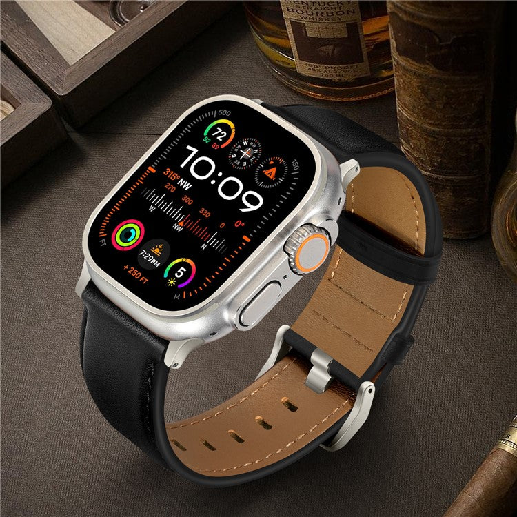 Watch Band for Apple Watch Series 10 Ultra 9 8 7 SE 6 5 4 3 2 1 46mm 49mm 45mm 44mm 42mm Genuine Cow Leather Strap - Black / Titanium Buckle