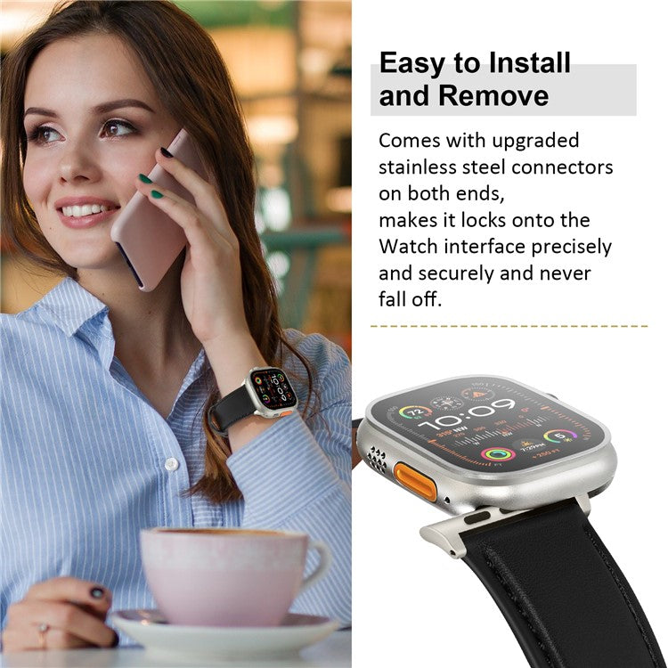 Watch Band for Apple Watch Series 10 Ultra 9 8 7 SE 6 5 4 3 2 1 46mm 49mm 45mm 44mm 42mm Genuine Cow Leather Strap - Black / Titanium Buckle