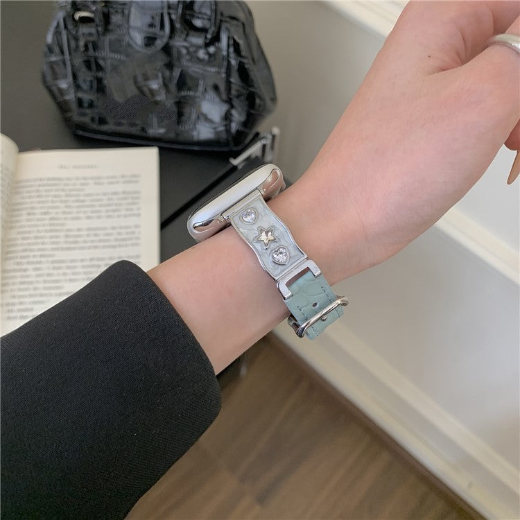 Watch Band for Apple Watch Series 10 9 8 7 SE 6 5 4 3 2 1 42mm 41mm 40mm 38mm Zircon Decor Genuine Cow Leather Strap - Baby Blue