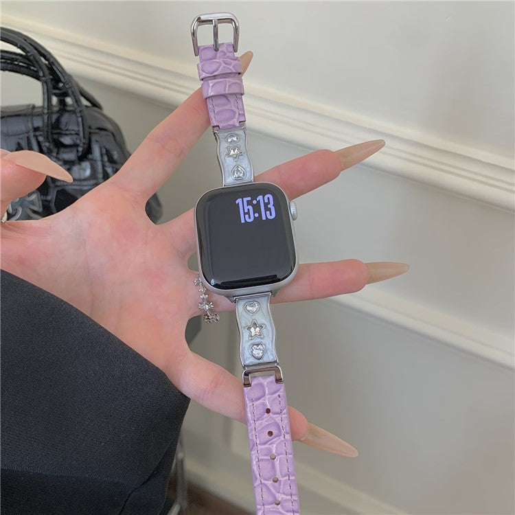 Watch Band for Apple Watch Series 10 9 8 7 SE 6 5 4 3 2 1 42mm 41mm 40mm 38mm Zircon Decor Genuine Cow Leather Strap - Purple
