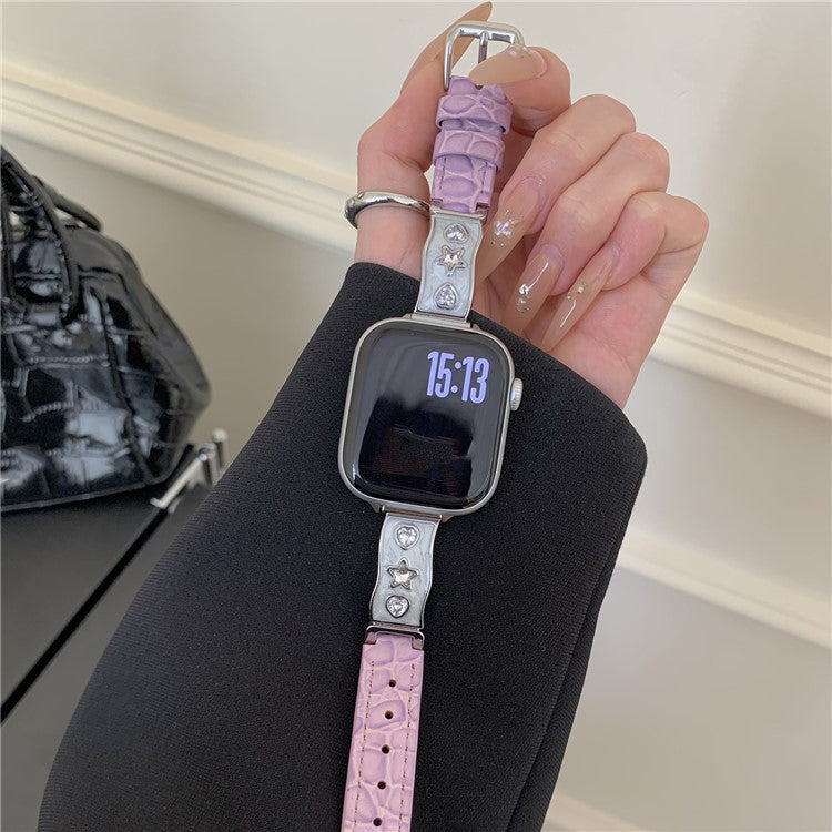 Watch Band for Apple Watch Series 10 9 8 7 SE 6 5 4 3 2 1 42mm 41mm 40mm 38mm Zircon Decor Genuine Cow Leather Strap - Purple
