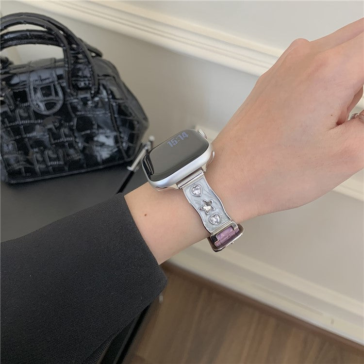 Watch Band for Apple Watch Series 10 9 8 7 SE 6 5 4 3 2 1 42mm 41mm 40mm 38mm Zircon Decor Genuine Cow Leather Strap - Purple