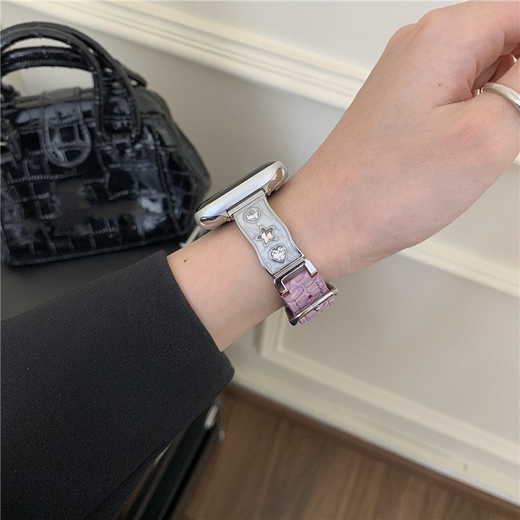 Watch Band for Apple Watch Series 10 9 8 7 SE 6 5 4 3 2 1 42mm 41mm 40mm 38mm Zircon Decor Genuine Cow Leather Strap - Purple