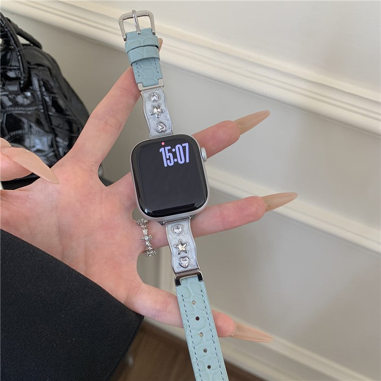 Watch Band for Apple Watch Series 10 Ultra 9 8 7 SE 6 5 4 3 2 1 46mm 49mm 45mm 44mm 42mm Zircon Decor Genuine Cow Leather Strap - Baby Blue