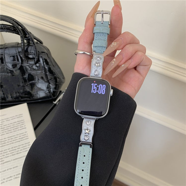 Watch Band for Apple Watch Series 10 Ultra 9 8 7 SE 6 5 4 3 2 1 46mm 49mm 45mm 44mm 42mm Zircon Decor Genuine Cow Leather Strap - Baby Blue