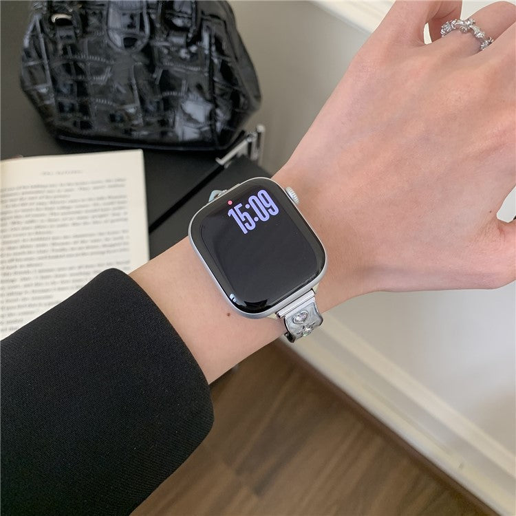 Watch Band for Apple Watch Series 10 Ultra 9 8 7 SE 6 5 4 3 2 1 46mm 49mm 45mm 44mm 42mm Zircon Decor Genuine Cow Leather Strap - Baby Blue