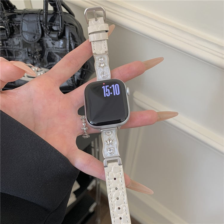Watch Band for Apple Watch Series 10 Ultra 9 8 7 SE 6 5 4 3 2 1 46mm 49mm 45mm 44mm 42mm Zircon Decor Genuine Cow Leather Strap - White