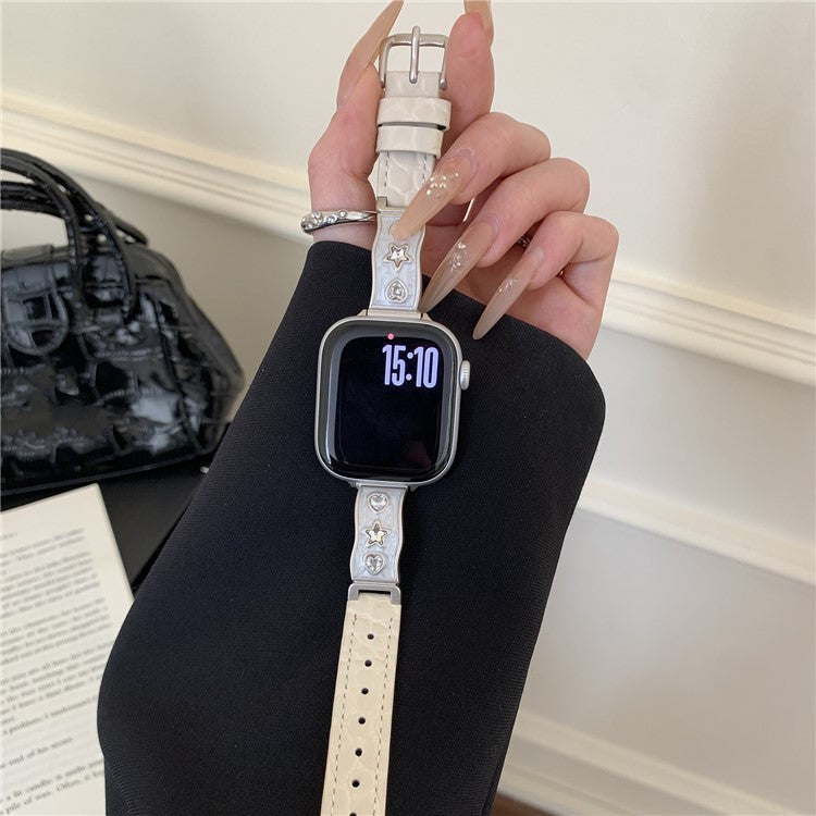 Watch Band for Apple Watch Series 10 Ultra 9 8 7 SE 6 5 4 3 2 1 46mm 49mm 45mm 44mm 42mm Zircon Decor Genuine Cow Leather Strap - White