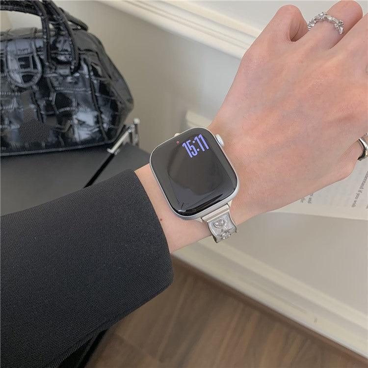 Watch Band for Apple Watch Series 10 Ultra 9 8 7 SE 6 5 4 3 2 1 46mm 49mm 45mm 44mm 42mm Zircon Decor Genuine Cow Leather Strap - White