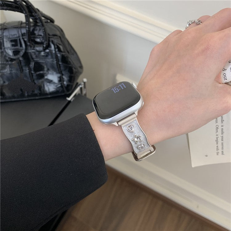 Watch Band for Apple Watch Series 10 Ultra 9 8 7 SE 6 5 4 3 2 1 46mm 49mm 45mm 44mm 42mm Zircon Decor Genuine Cow Leather Strap - White