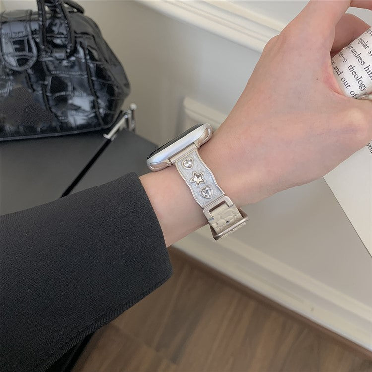 Watch Band for Apple Watch Series 10 Ultra 9 8 7 SE 6 5 4 3 2 1 46mm 49mm 45mm 44mm 42mm Zircon Decor Genuine Cow Leather Strap - White