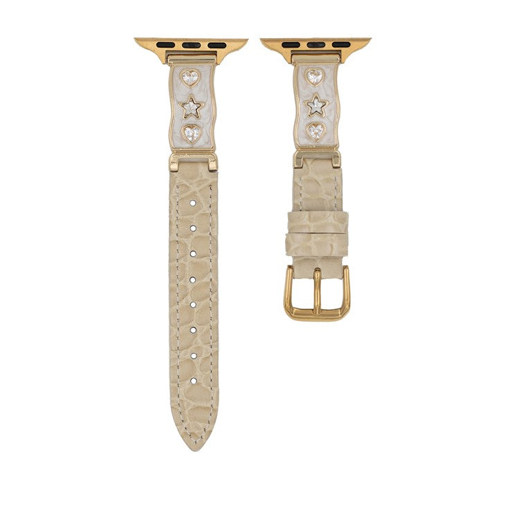 Watch Band for Apple Watch Series 10 Ultra 9 8 7 SE 6 5 4 3 2 1 46mm 49mm 45mm 44mm 42mm Zircon Decor Genuine Cow Leather Strap - Beige