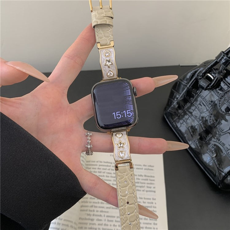 Watch Band for Apple Watch Series 10 Ultra 9 8 7 SE 6 5 4 3 2 1 46mm 49mm 45mm 44mm 42mm Zircon Decor Genuine Cow Leather Strap - Beige