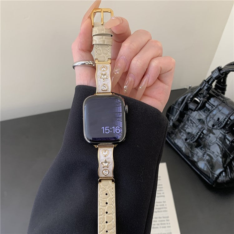 Watch Band for Apple Watch Series 10 Ultra 9 8 7 SE 6 5 4 3 2 1 46mm 49mm 45mm 44mm 42mm Zircon Decor Genuine Cow Leather Strap - Beige