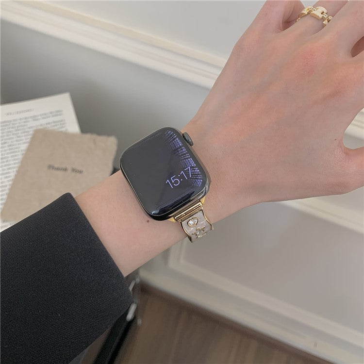 Watch Band for Apple Watch Series 10 Ultra 9 8 7 SE 6 5 4 3 2 1 46mm 49mm 45mm 44mm 42mm Zircon Decor Genuine Cow Leather Strap - Beige