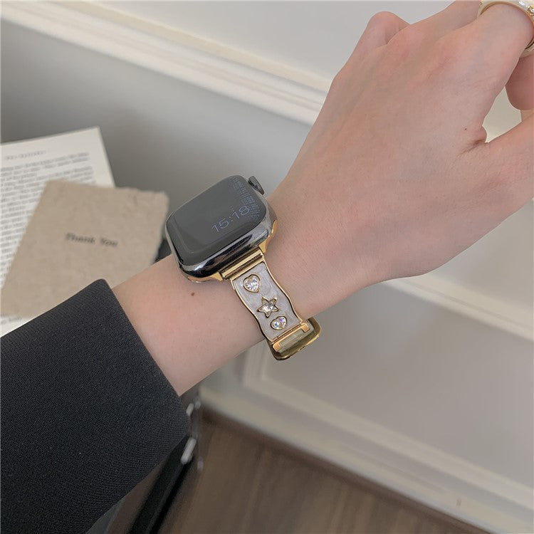 Watch Band for Apple Watch Series 10 Ultra 9 8 7 SE 6 5 4 3 2 1 46mm 49mm 45mm 44mm 42mm Zircon Decor Genuine Cow Leather Strap - Beige