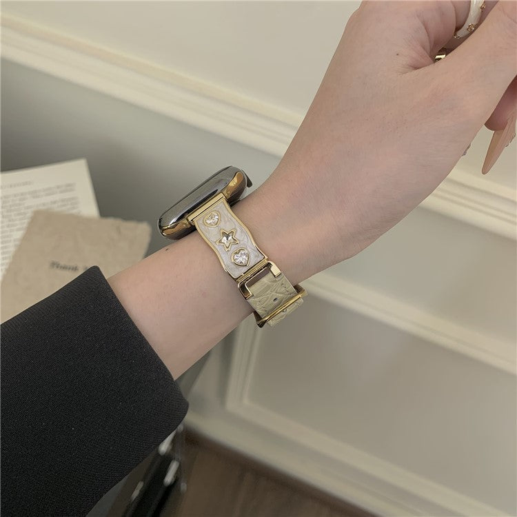 Watch Band for Apple Watch Series 10 Ultra 9 8 7 SE 6 5 4 3 2 1 46mm 49mm 45mm 44mm 42mm Zircon Decor Genuine Cow Leather Strap - Beige