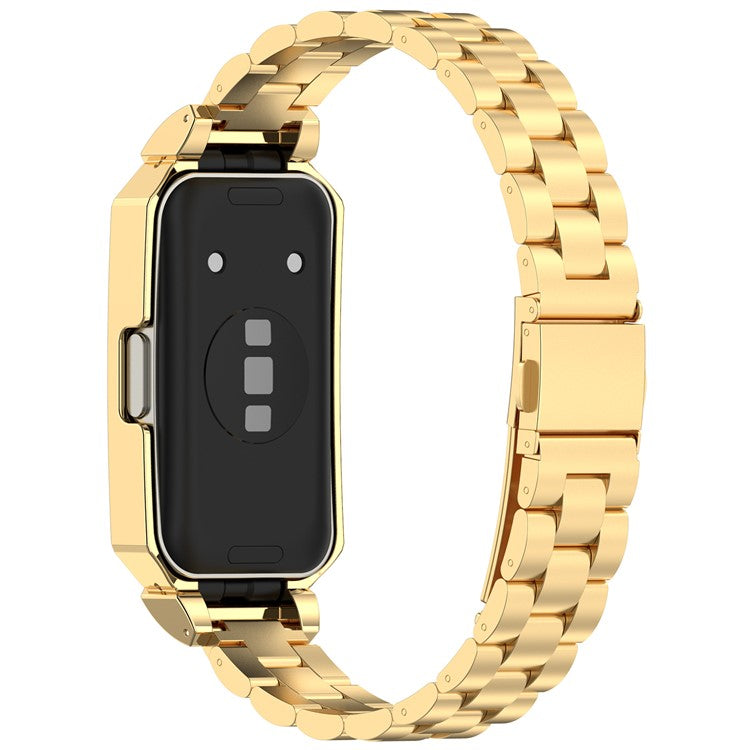 Metal Frame for Huawei Band 10 / 10 NFC / 9 / 9 NFC / 8 / 8 NFC Watch Case Integrated Three Bead Stainless Steel Strap - Gold