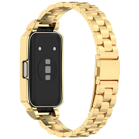 Metal Frame for Huawei Band 10 / 10 NFC / 9 / 9 NFC / 8 / 8 NFC Watch Case Integrated Three Bead Stainless Steel Strap - Gold