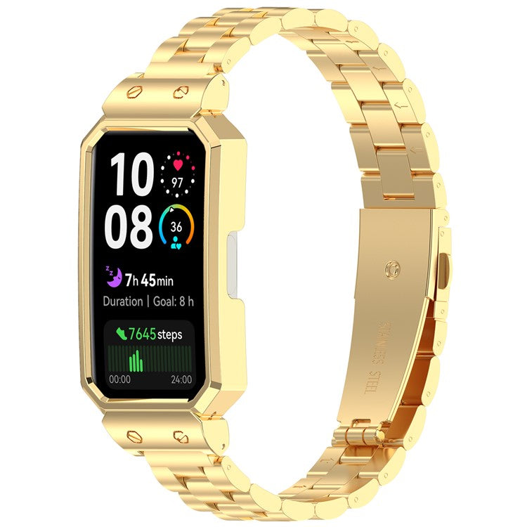 Metal Frame for Huawei Band 10 / 10 NFC / 9 / 9 NFC / 8 / 8 NFC Watch Case Integrated Three Bead Stainless Steel Strap - Gold