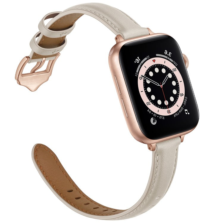 Genuine Leather Replacement Smart Watch Band Strap for Apple Watch Series 10 42mm / 9 8 7 41mm / 6 5 4 SE SE (2022) SE (2023) 40mm / 3 2 1 38mm - Beige / Rose Gold Buckle