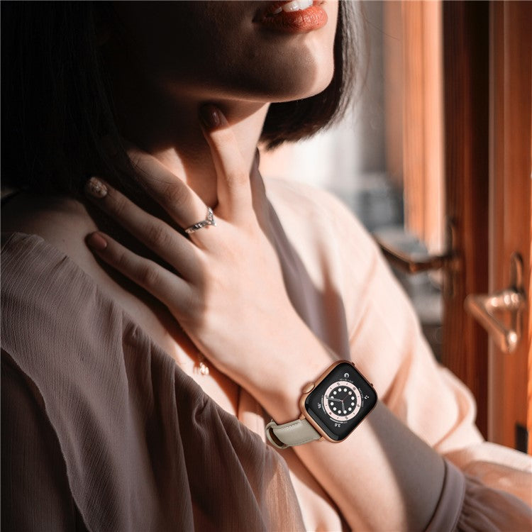 Genuine Leather Replacement Smart Watch Band Strap for Apple Watch Series 10 42mm / 9 8 7 41mm / 6 5 4 SE SE (2022) SE (2023) 40mm / 3 2 1 38mm - Beige / Rose Gold Buckle