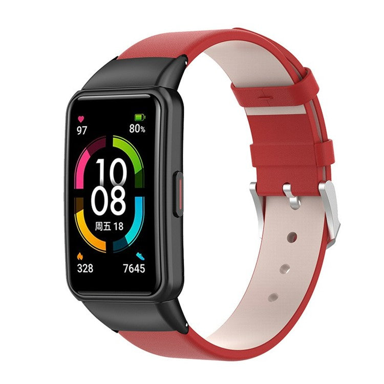 Top Layer Genuine Leather Quick Release Watch Band Strap Replacement for Huawei Band 6/Honor Band 6 - Red