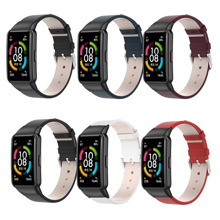 Top Layer Genuine Leather Quick Release Watch Band Strap Replacement for Huawei Band 6/Honor Band 6 - Red