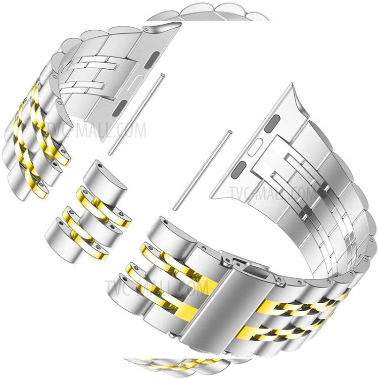 Metal Watch Band 7-Beads Stainless Steel Bracelet Strap Replacement for Apple Watch Series 10 42mm / 9 8 7 41mm / 6 5 4 SE SE (2022) SE (2023) 40mm / 3 2 1 38mm - Silver / Gold