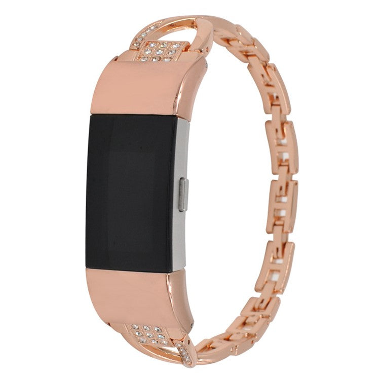 Aluminum Alloy X-shaped Watch Strap with Rhinestones Decor Smart Watch Band Wrist Strap for Fitbit Charge 6 / 5 - Rose Gold